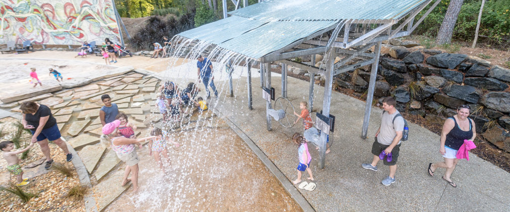 An aerial view of the waterfall feature in the exhibit.