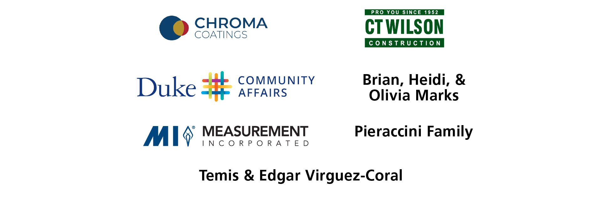 Bronze Sponsors: Chroma Coatings, CT Wilson, Duke Community Affairs, Brian Heidi and Olivia Marks, Measurements Incorporated, Pieraccini Family, Temis & Edgar Virguez-Coral