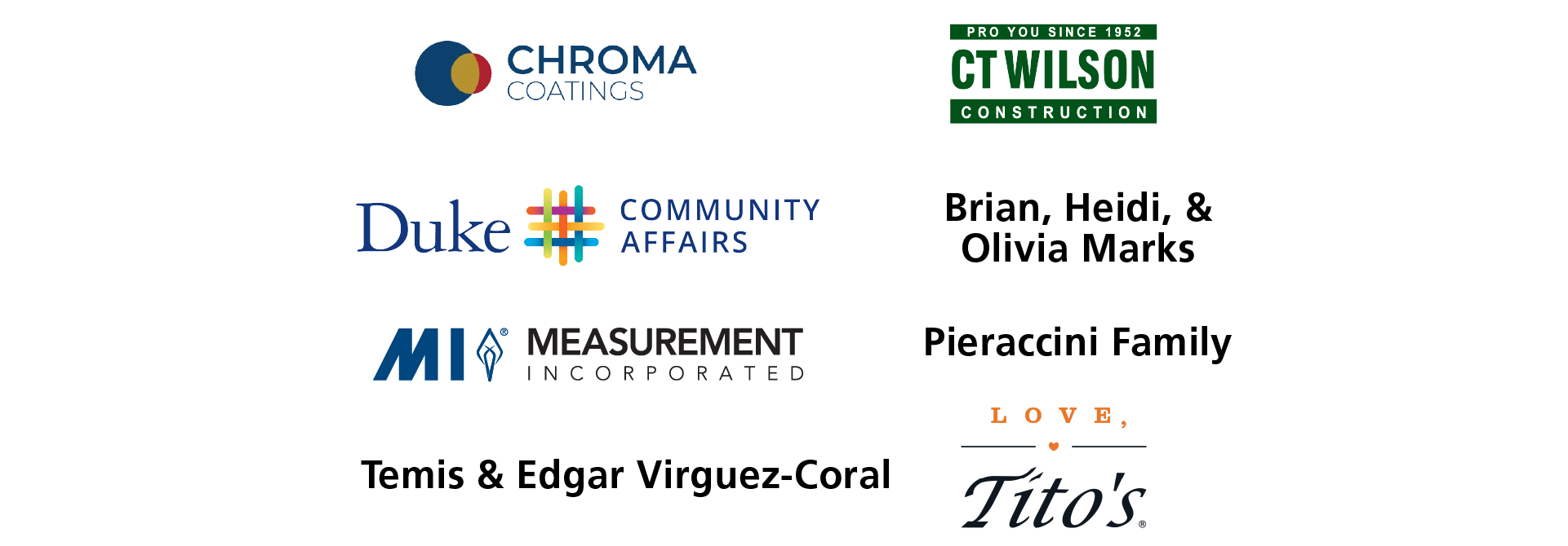 Bronze Sponsors: Chroma Coatings, CT Wilson, Duke Community Affairs, Brian Heidi and Olivia Marks, Measurements Incorporated, Pieraccini Family, Temis & Edgar Virguez-Coral, Tito's Vodka
